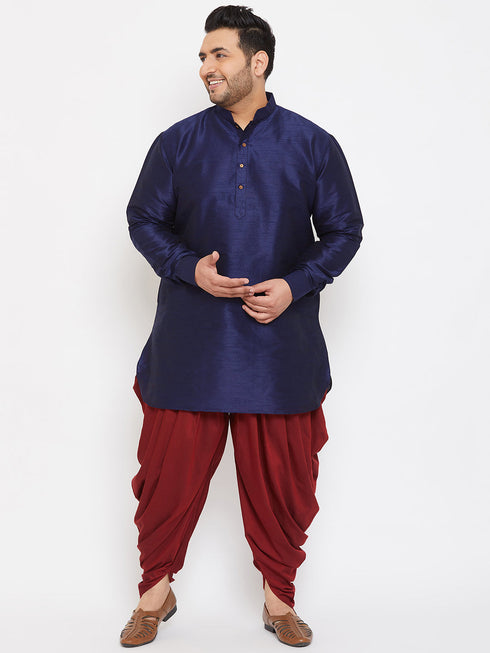 Vastramay Men's Plus Size Navy Blue Silk Blend Curved Kurta Dhoti Set